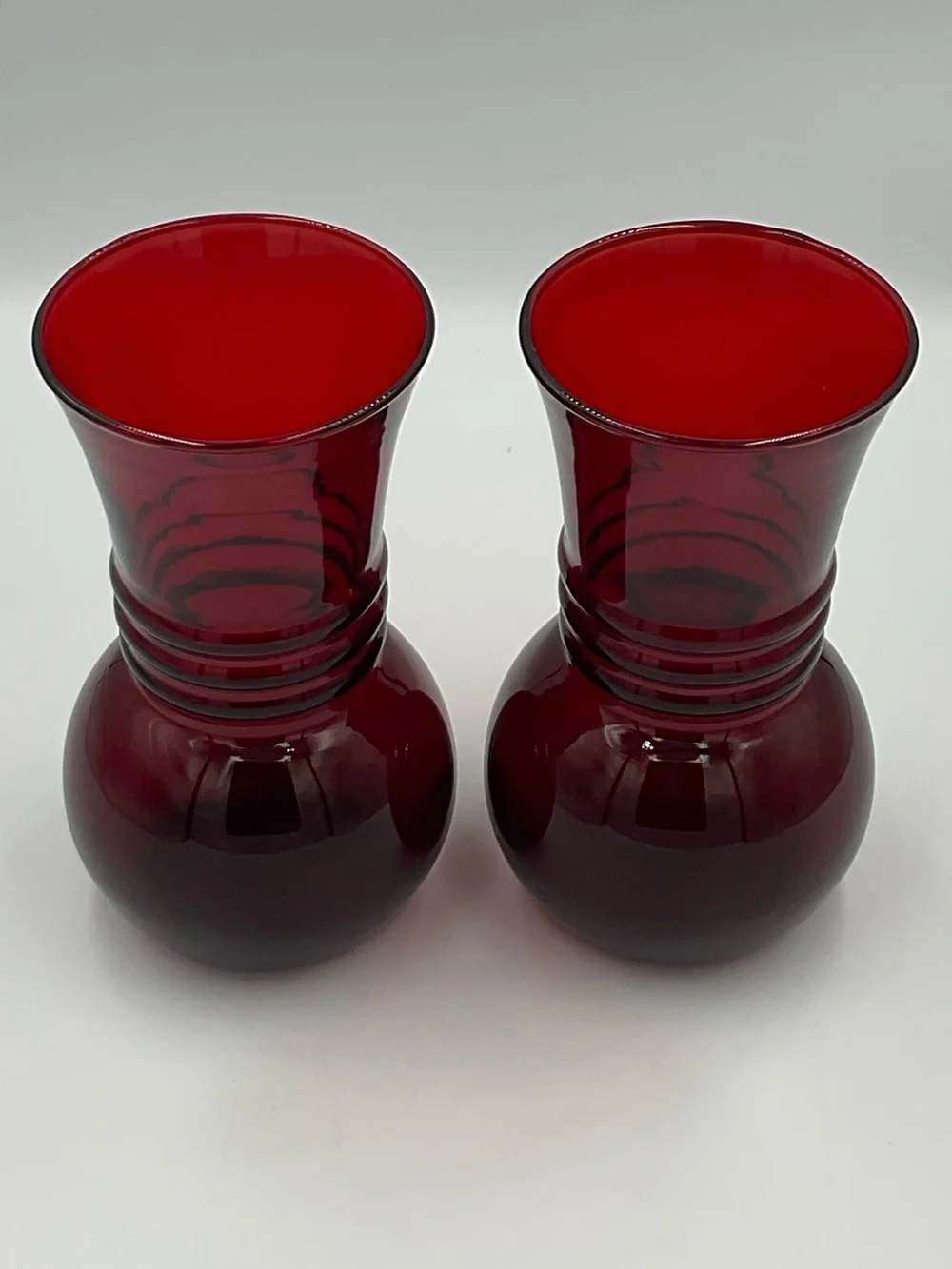 Vintage Anchor Hocking Royal Ruby Red Optic Swirl Ball Vases Set of 2